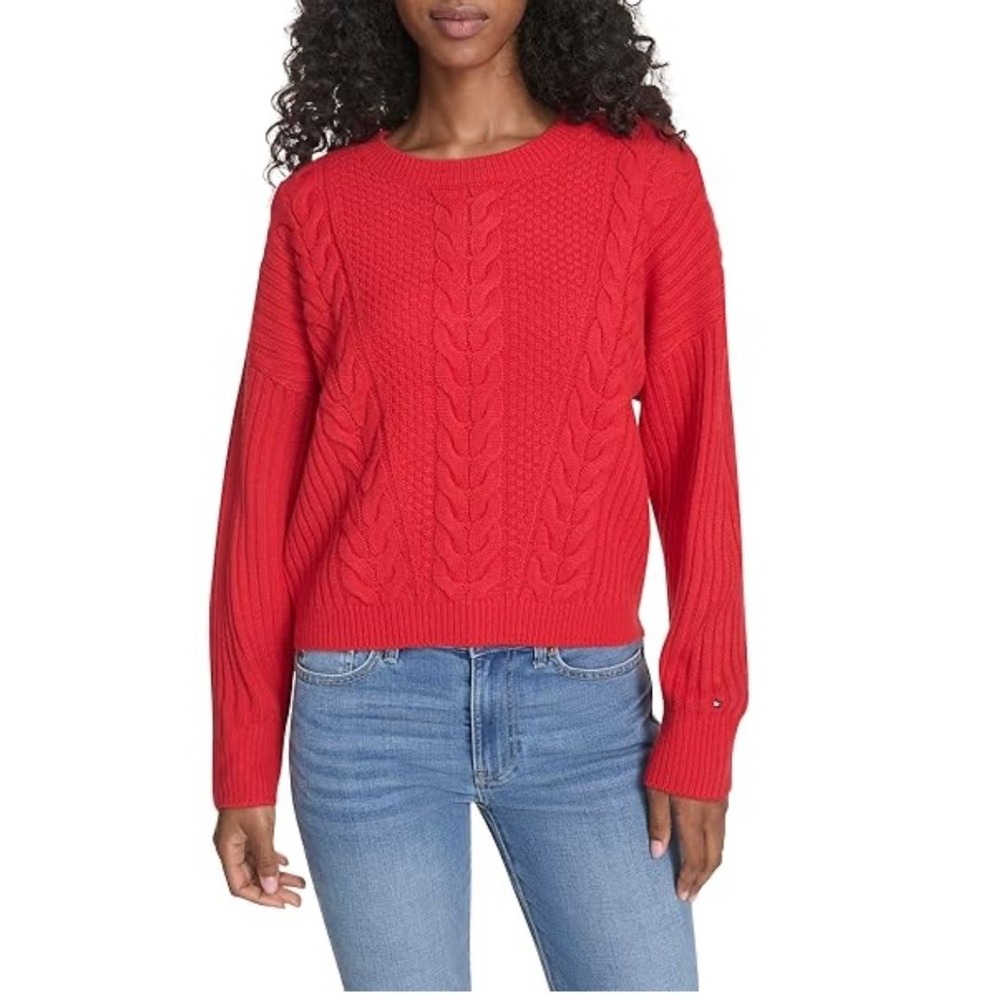 Tommy Hilfiger Womens Red Cable Knit Pullover Sweater Crew Neck Relaxed Boxy L